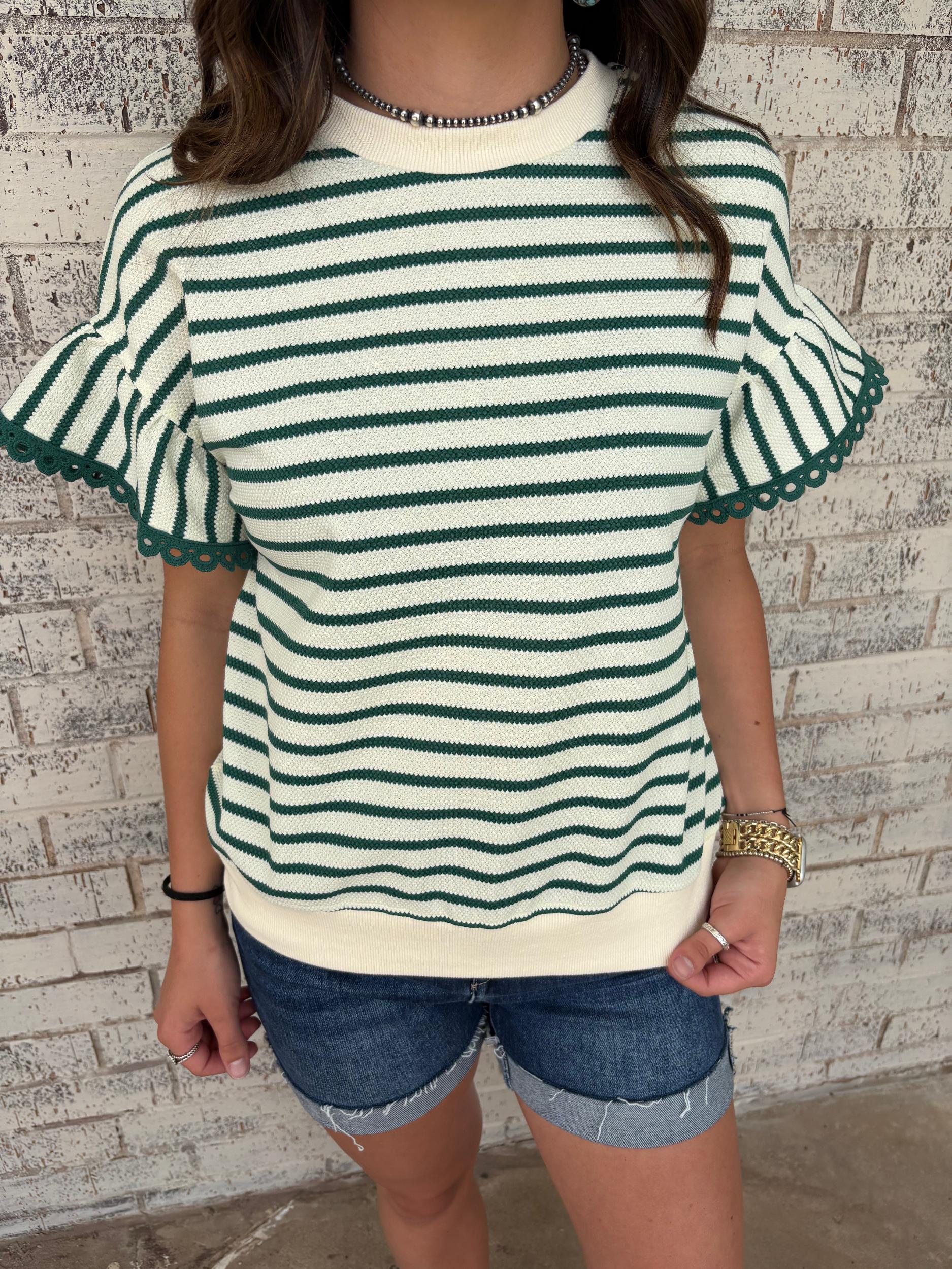 Green Stripe Scallop Lace Trim Ruffle Crewneck Top Product Image