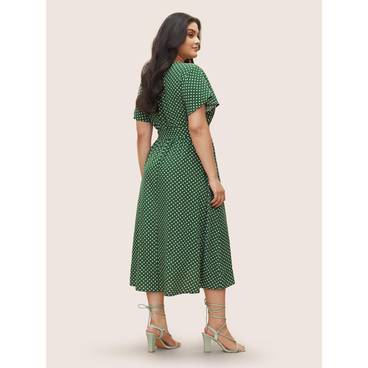 Plus Size Polka Dot Flutter Trim Belted Overlap Collar Dress Green Women Elegant Non Overlap Collar Short sleeve Curvy Midi Dress BloomChic 18-20/2X Product Image
