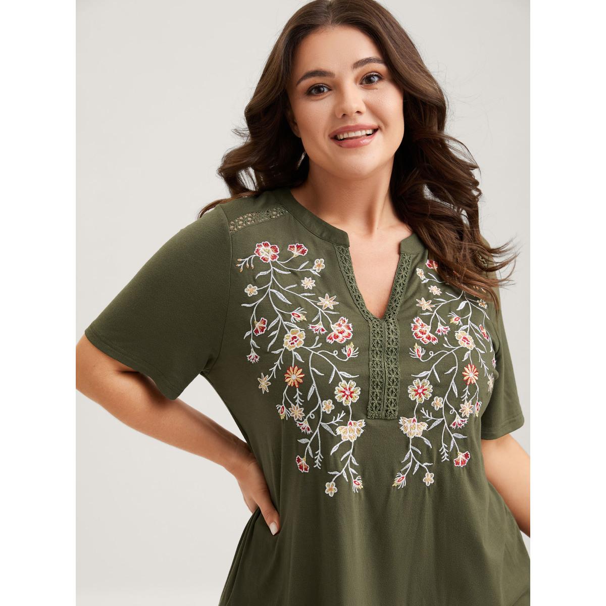 Plus Size Floral Embroidery Lace Trim T-Shirt ArmyGreen Women Leisure Woven ribbon&lace trim Flat collar with V-notch Casual T-shirts BloomChic 22-24/3X Product Image