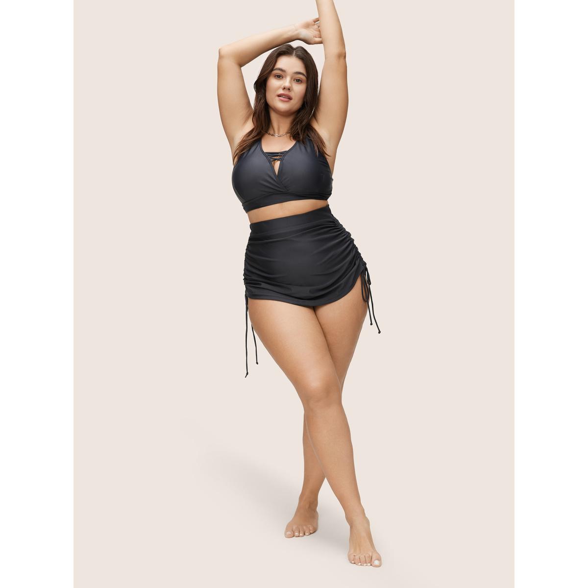 Plus Size Plain Ruched Drawstring Elastic Waist Swim Bottom Women's Swimwear Black Beach Non High stretch Skinny High Rise Curve Swim Bottoms BloomChic 30/6X Product Image