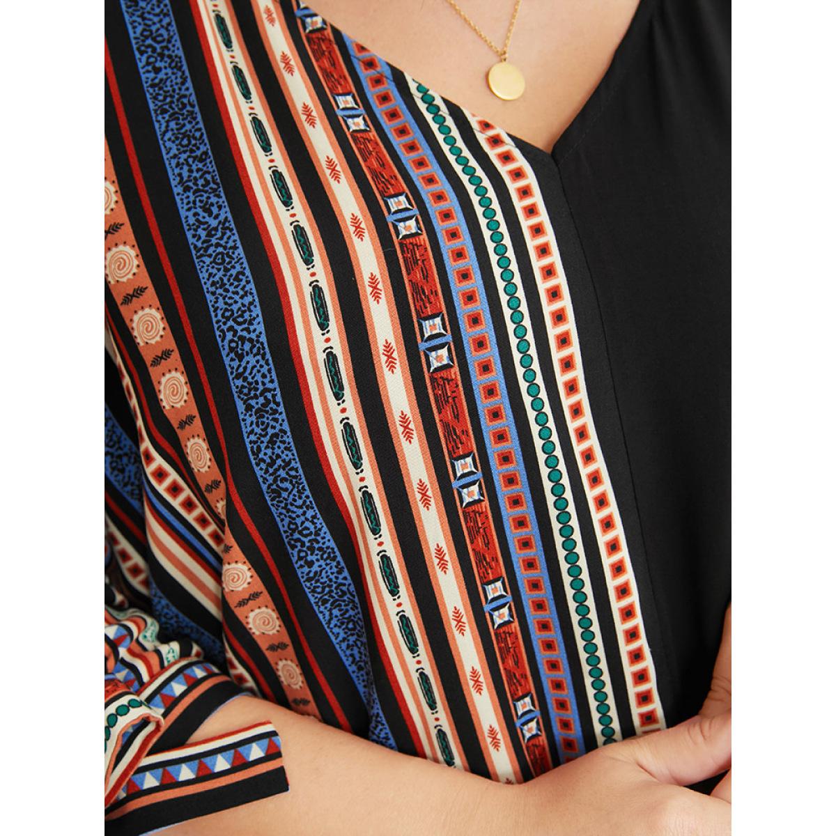 Plus Size Black Striped Geometric Patchwork Knotted Sleeve Blouse Women Vacation Elbow-length sleeve V-neck Dailywear Blouses BloomChic 12/L Product Image
