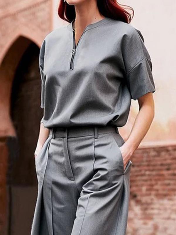 Loose Short Sleeves Solid Color Zipper V-Neck Blouses&Shirts Tops Product Image