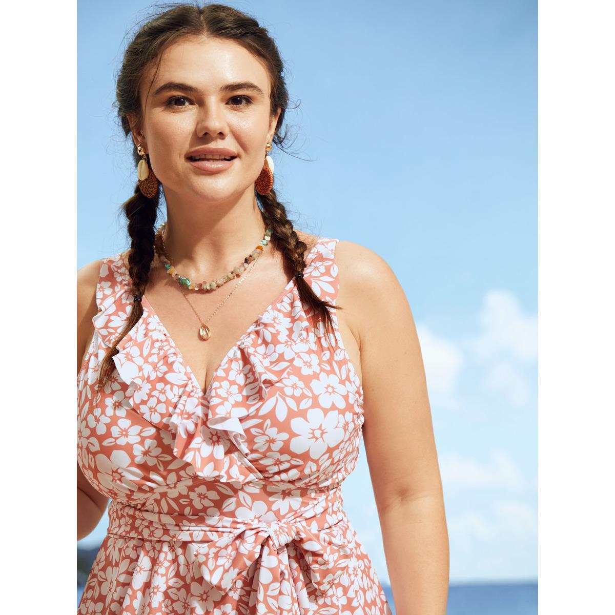 Plus Size Floral Tie Knot Patchwork Ruffles Swim Dress Women's Swimwear Coral Beach Bodycon Overlap Collar High stretch Curve Swim Dresses BloomChic 12/L Product Image