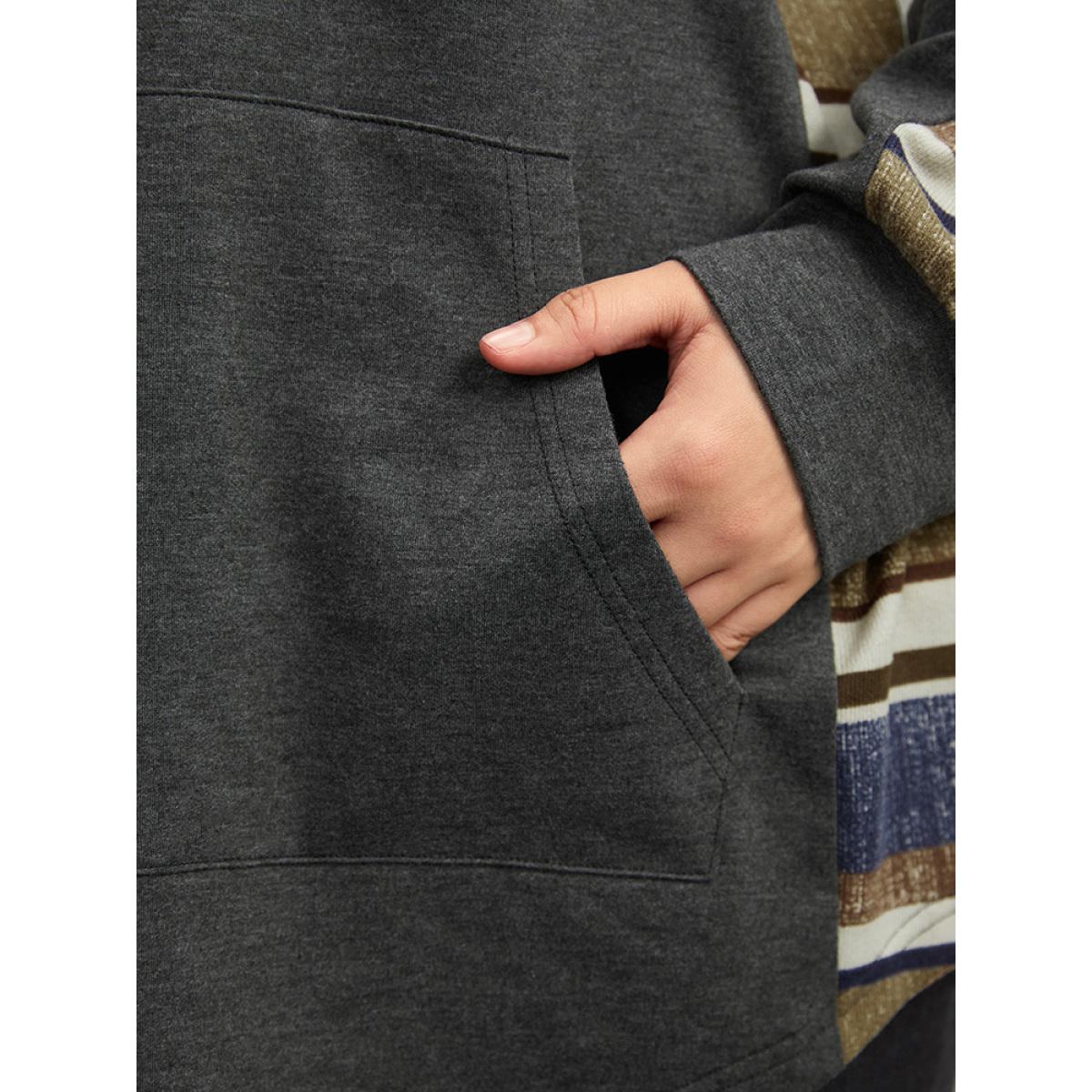 Plus Size Contrast Striped Hooded Ties Pocket Sweatshirt Women DimGray Casual Contrast Hooded Dailywear Sweatshirts BloomChic 12/L Product Image