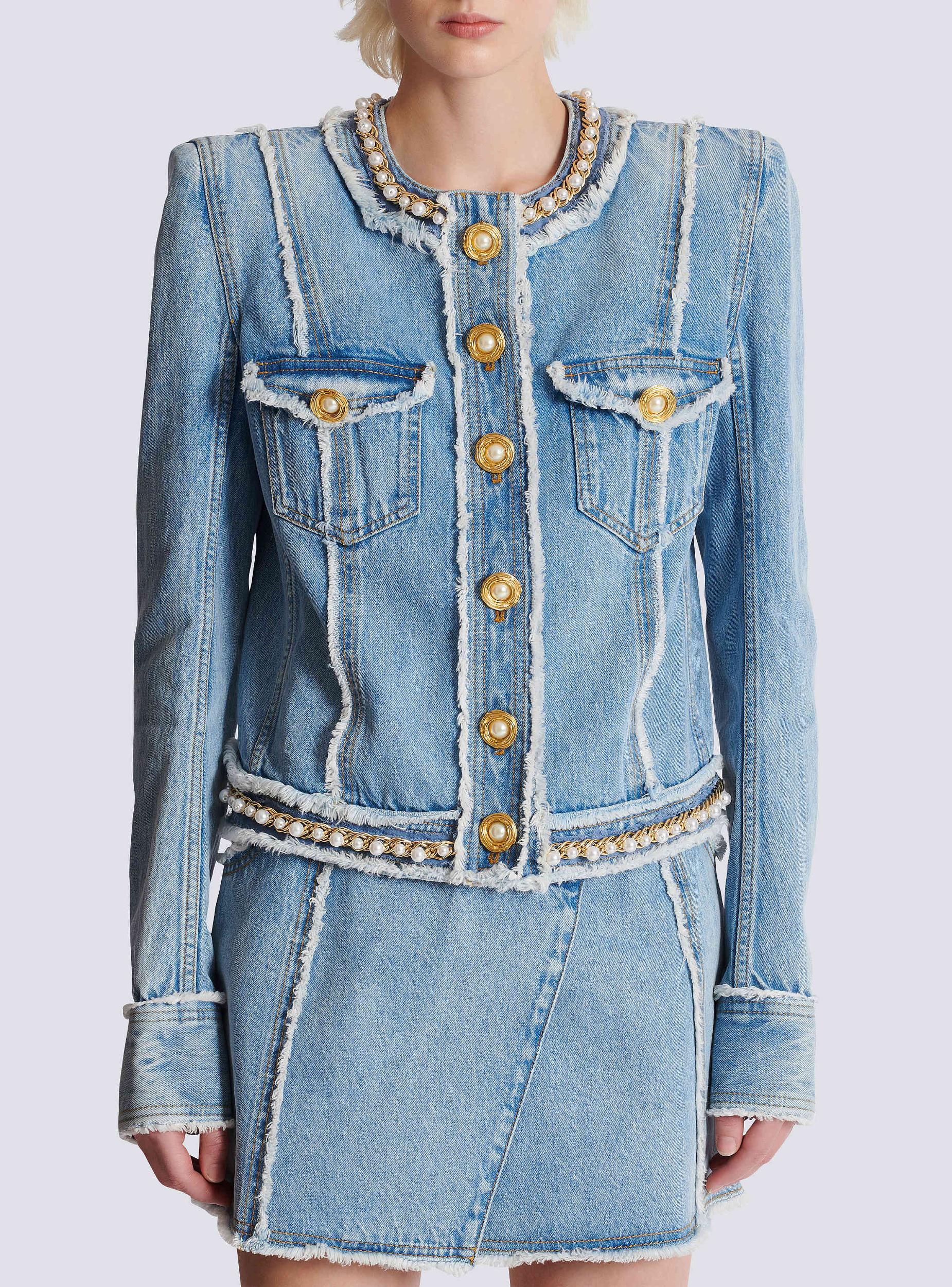 Denim jacket with pearl trim Product Image