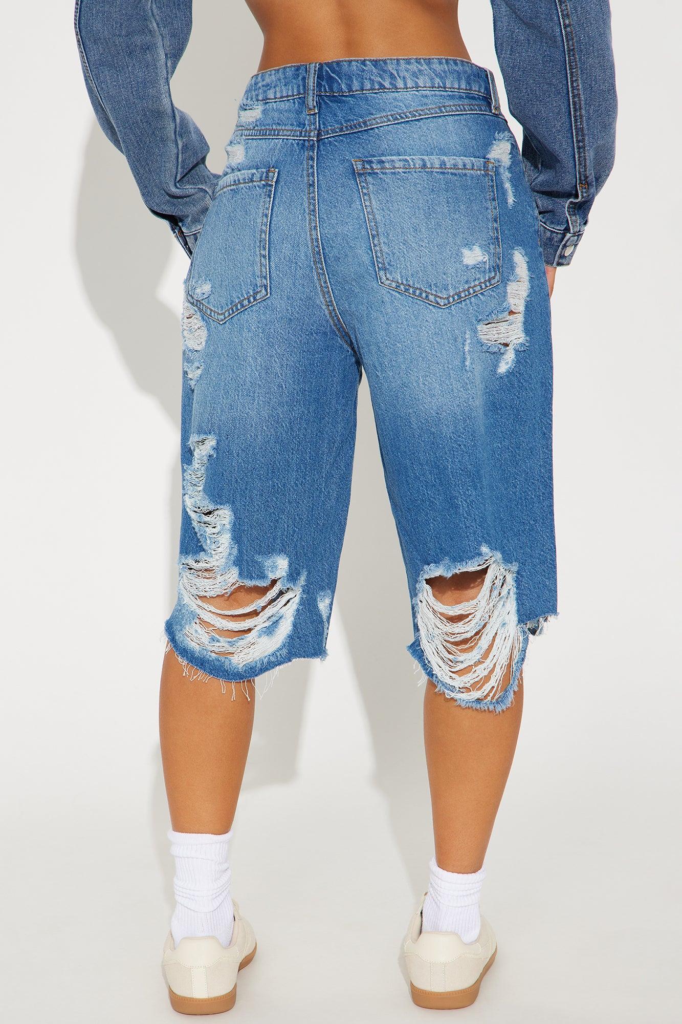 Back In Time Ripped Non Stretch Denim Jorts - Dark Wash Product Image
