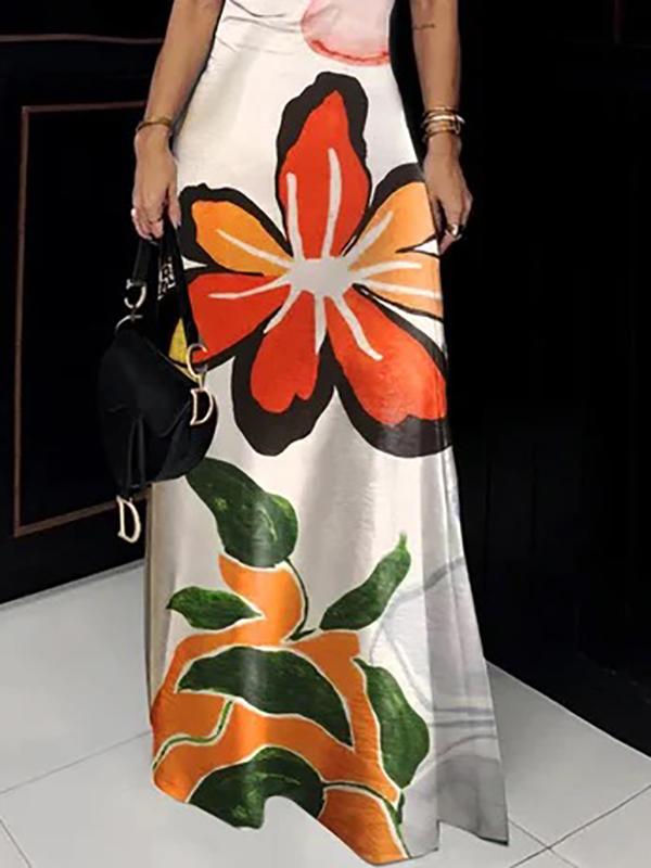 Bodycon Short Sleeves Flower Print Hollow Cold Shoulder Maxi Dresses Product Image