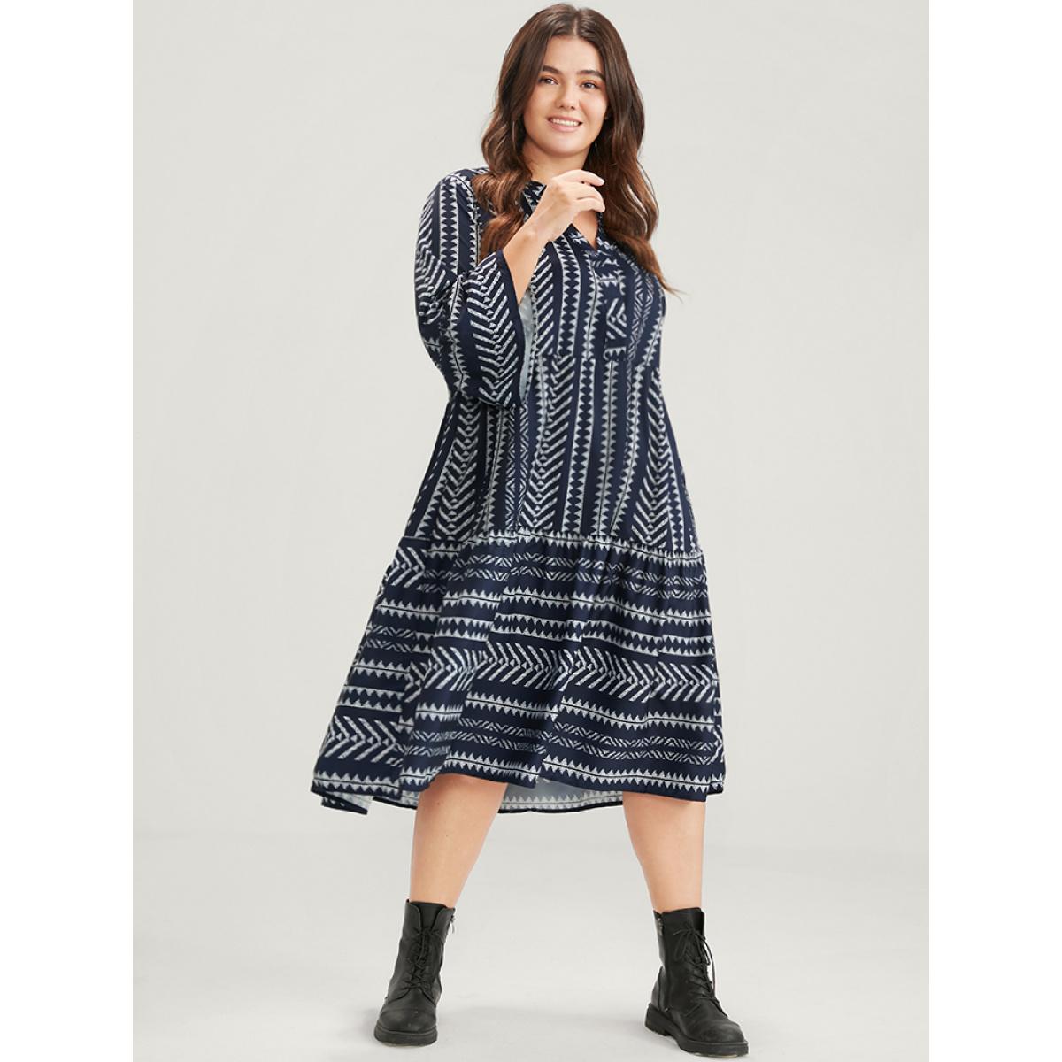 Plus Size Bloom Dress -Geometric Pocket Ruffles V Neck Knee Dress DarkBlue Women Vacation Pocket V-neck Elbow-length sleeve Curvy Knee Dress BloomChic 10/M Product Image