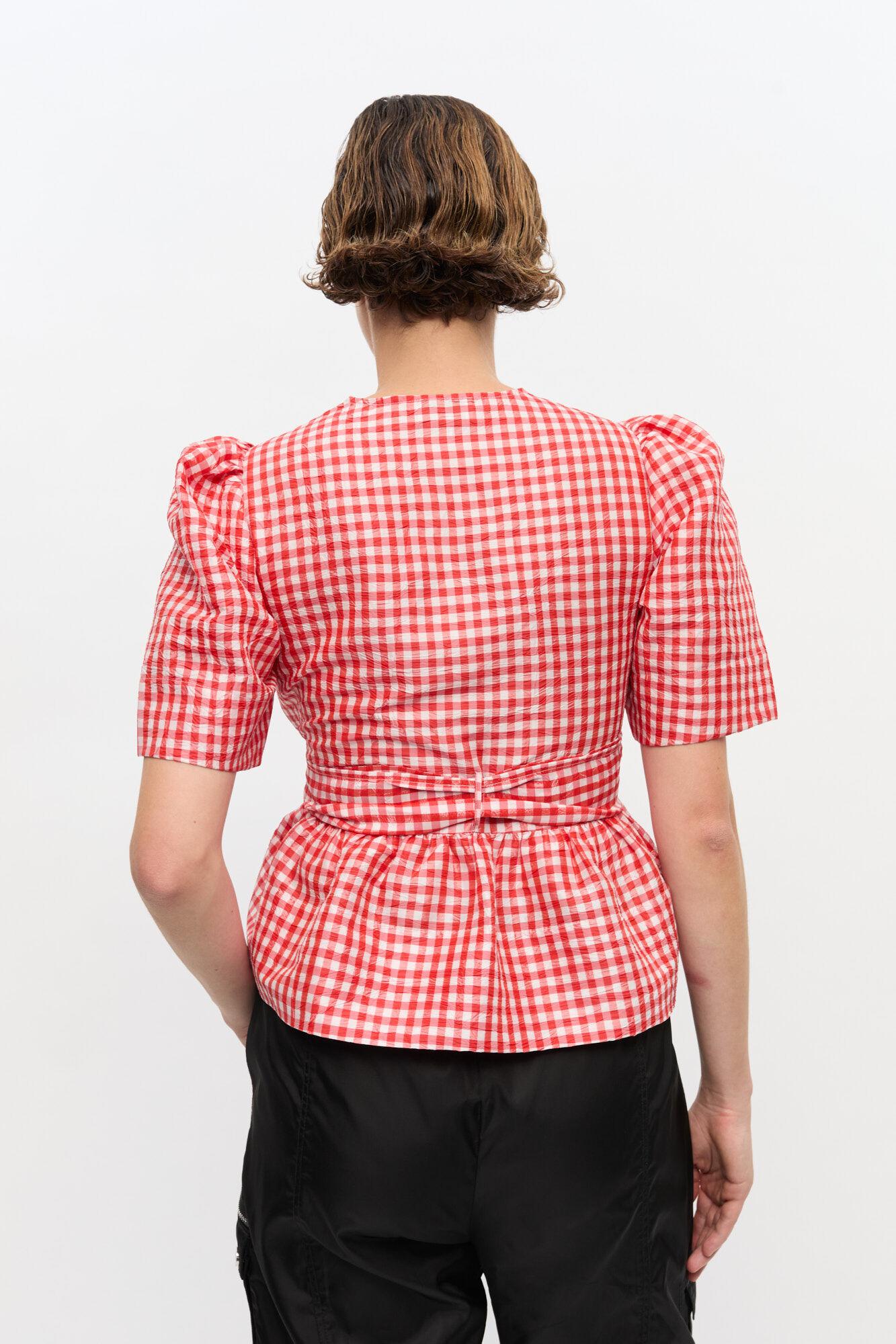 Red Crinkled Check Taffeta Blouse Product Image