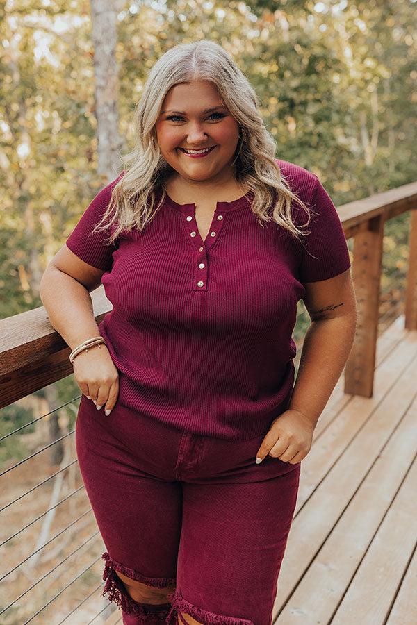 Cafe Hangout Ribbed Henley Top in Merlot Curves Product Image