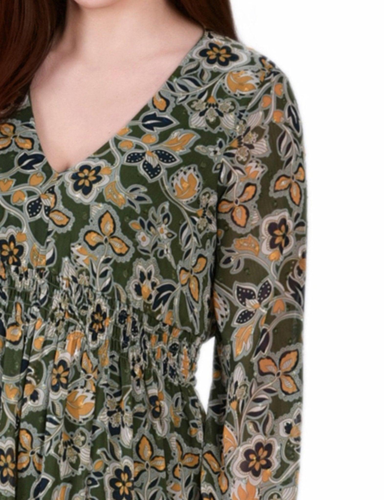 Olive Floral Long Sleeve Clip Dot Chiffon Dress With Smocked Waist and Cuffs - Petite Product Image