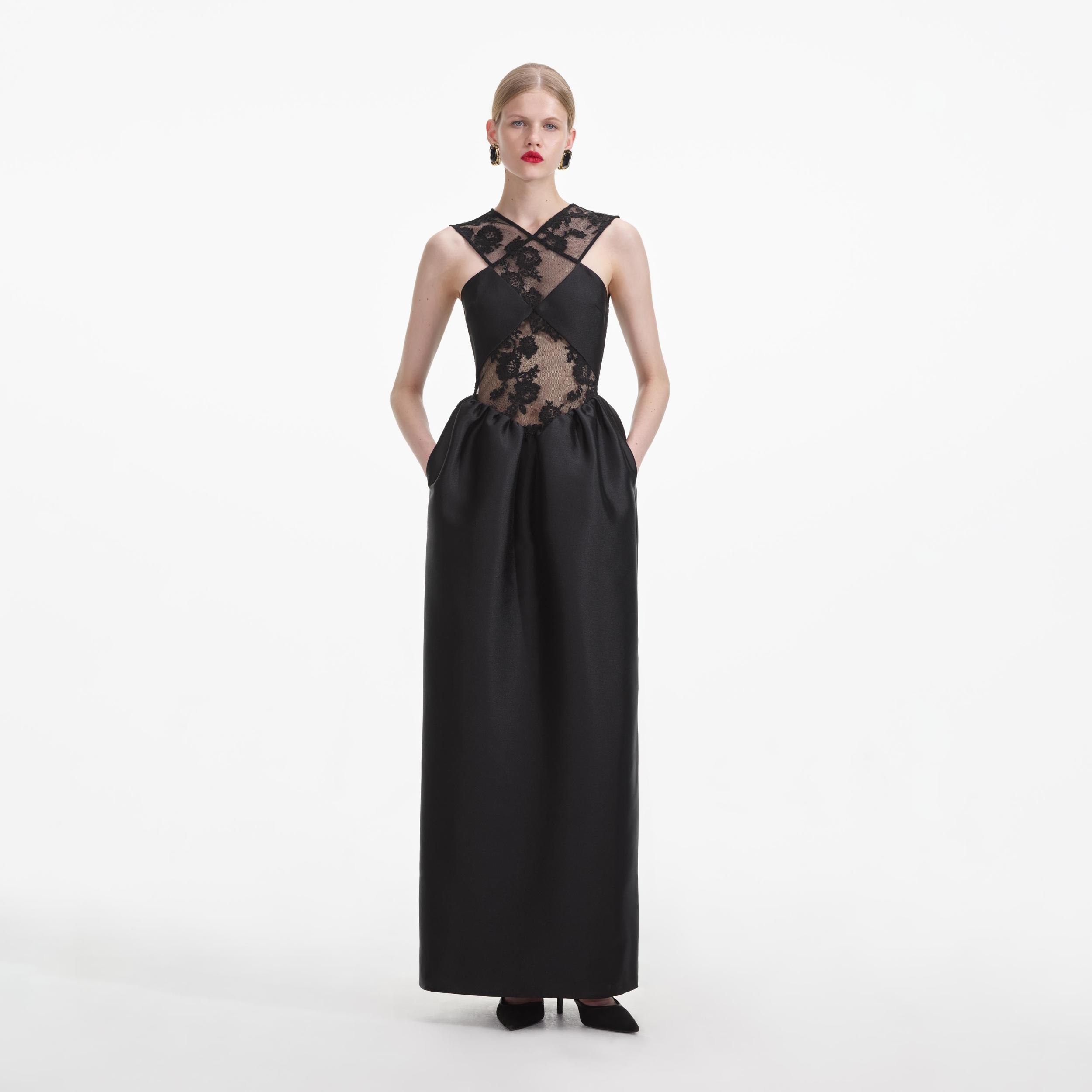 Black Lace Taffeta Maxi Dress Product Image