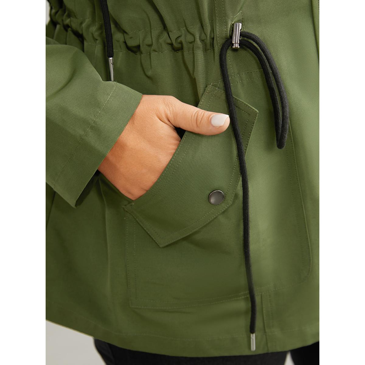 Plus Size Wind-Resistant Hooded Drawstring Waistline Inside Coat Women ArmyGreen Plain Pocket Dailywear Jackets BloomChic 12/L Product Image