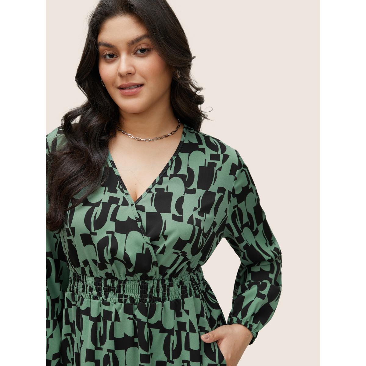 Plus Size Geometric Shirred Elastic Waist Wrap Dress Midnight Women At the Office Non Overlap Collar Long Sleeve Curvy Midi Dress BloomChic 26/4X Product Image