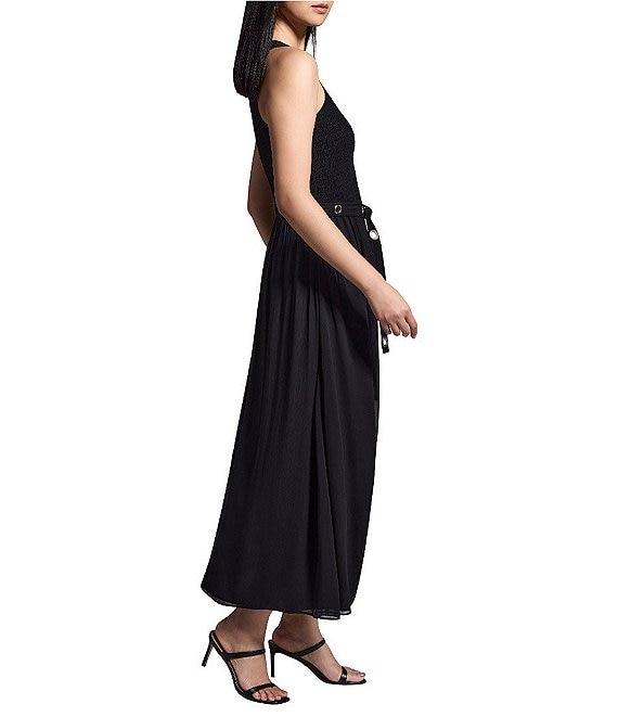 NIC + ZOE Chiffon Smocked Round Neck Sleeveless Fit-And-Flare Belted Midi Dress Product Image