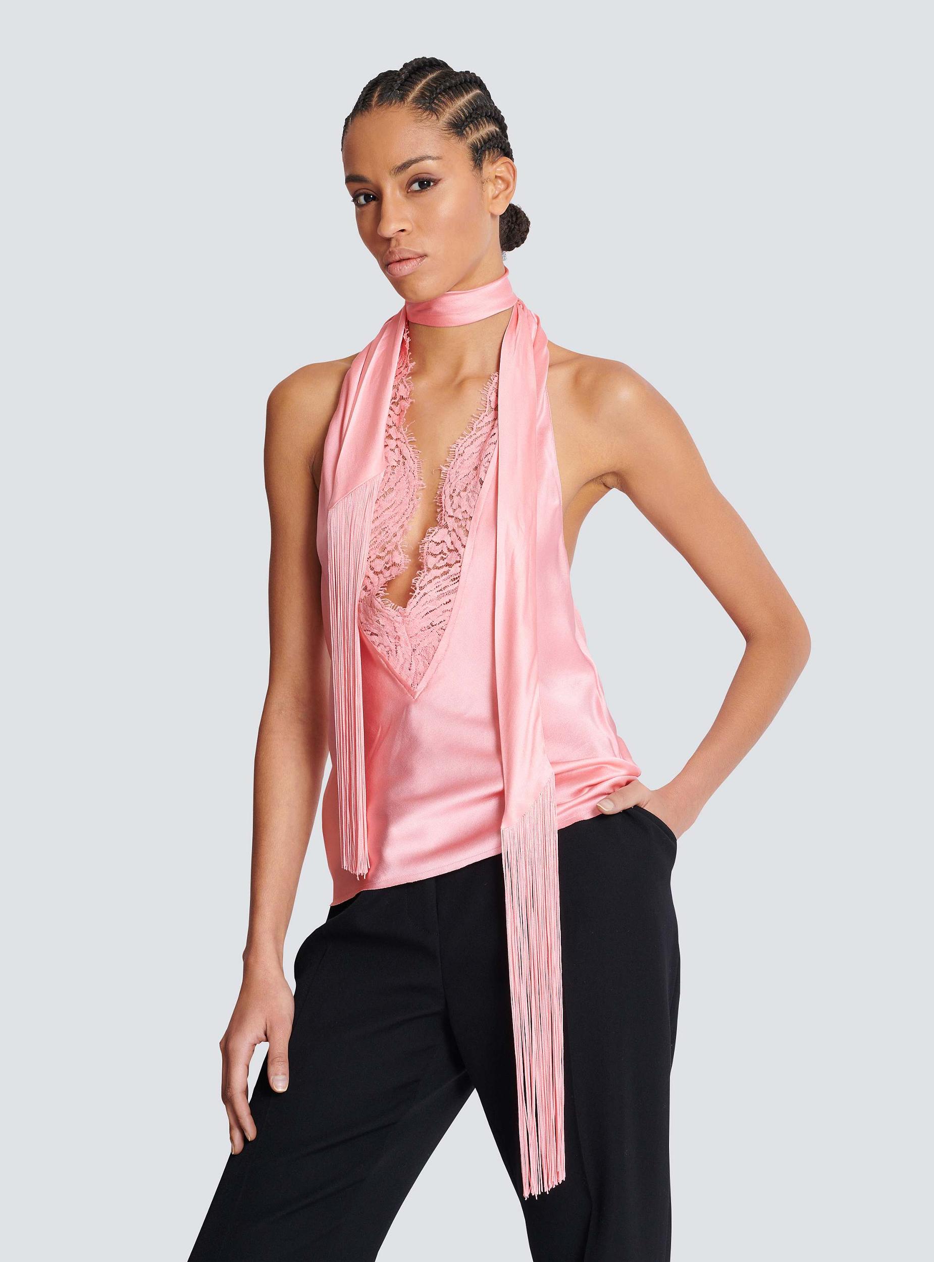 Backless fringed satin top Product Image