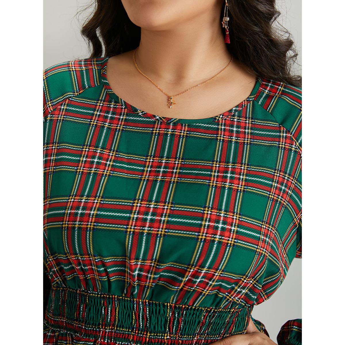 Plus Size Green Christmas Plaid Shirred Ruffle Hem Blouse Women Elegant Long Sleeve Round Neck Festival-Christmas Blouses BloomChic 12/L Product Image