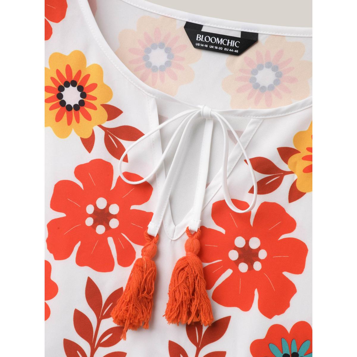 Plus Size WhiteSmoke Floral Print Neck-Tie Babydoll Top Women Resort Short sleeve Non Vacation Blouses BloomChic 28/5X Product Image