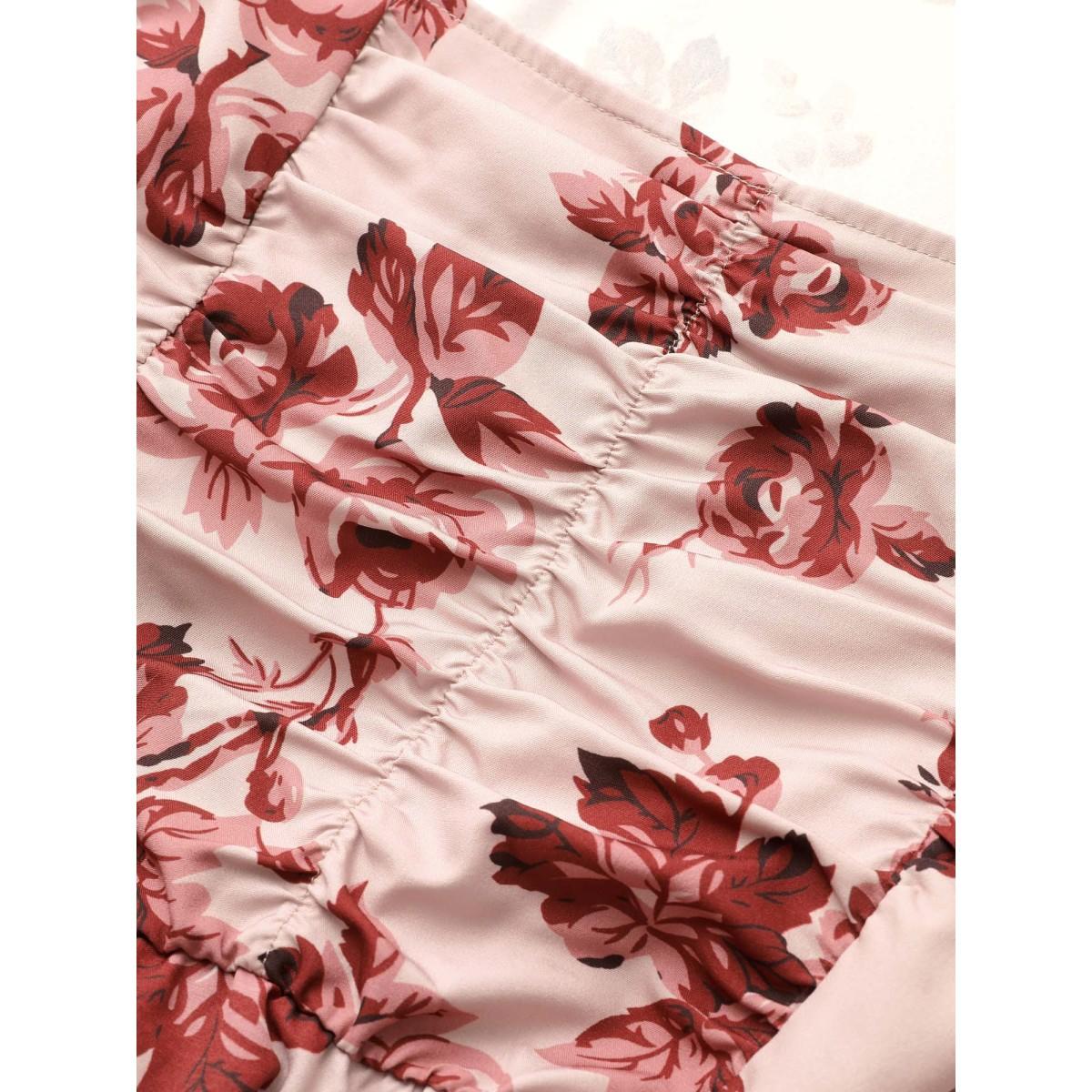 Plus Size Floral Ruched Square Neck Lantern Sleeve Dress DustyPink Women Elegant Non Square Neck Long Sleeve Curvy Midi Dress BloomChic 12/L Product Image