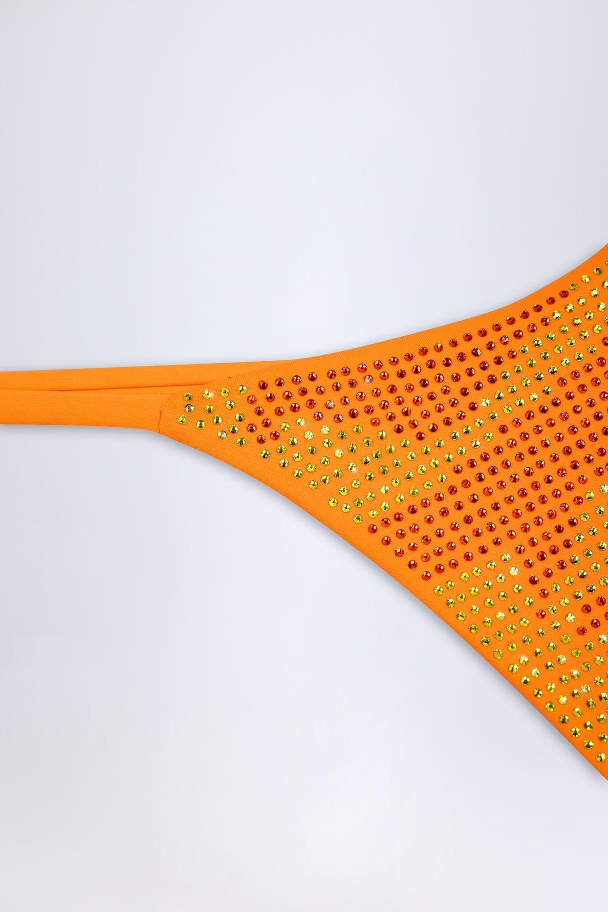 Embellished Thong Bikini Bottoms in Orange Tropical Print Product Image