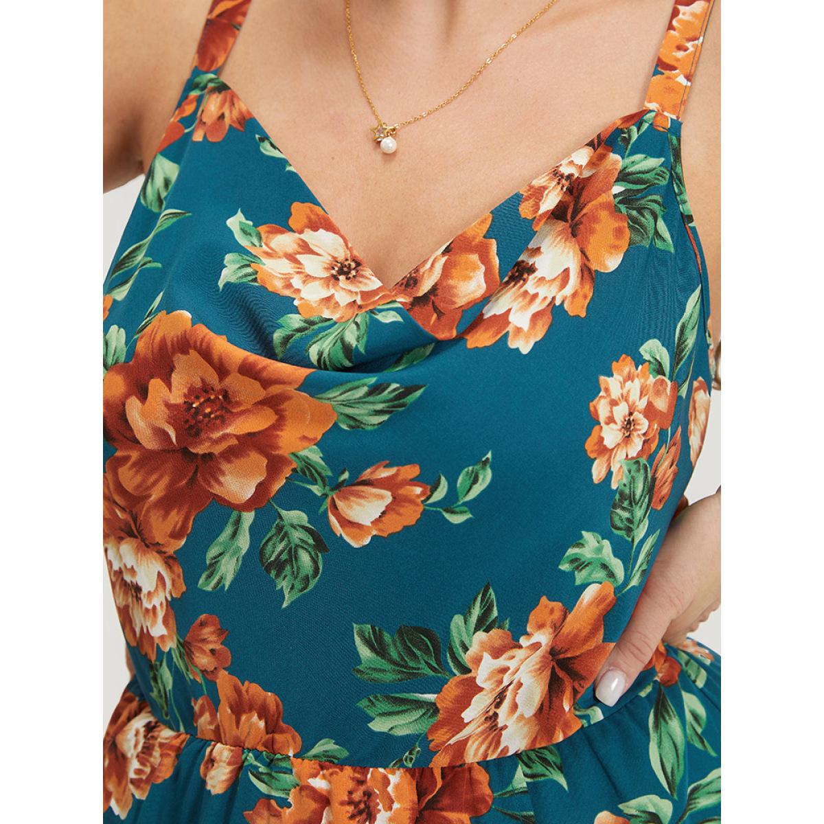 Plus Size Floral Print Cowl Neck Pocket Cami Dress Cyan Women Elegant Adjustable Straps Spaghetti Strap Sleeveless Curvy Midi Dress BloomChic 18-20/2X Product Image