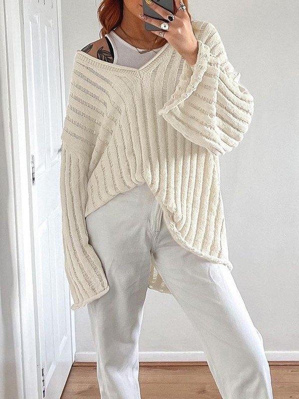 Loose Knit V Neck Pullover Sweater Product Image
