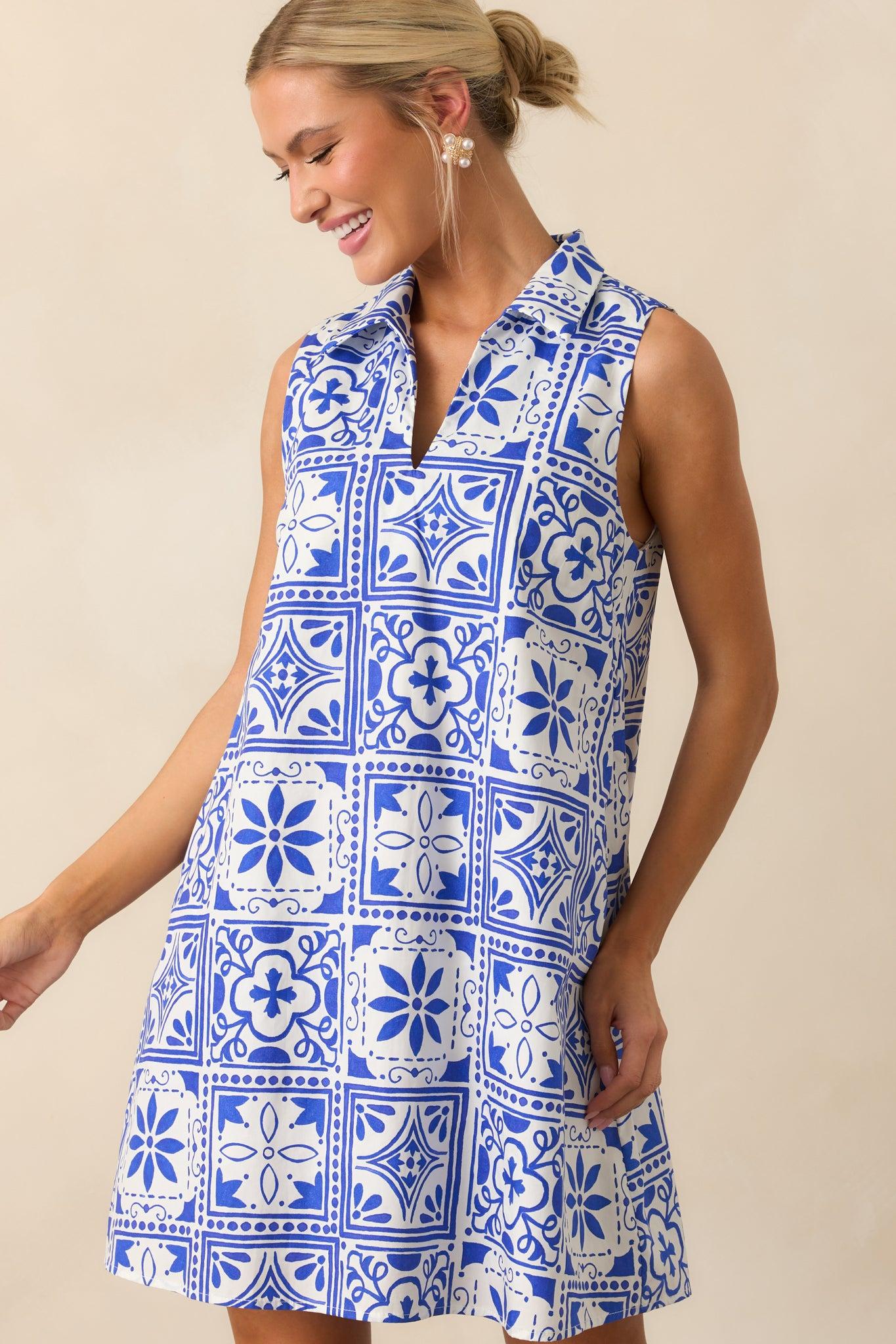 Everyday Ease Blue Sicilian Tile Print Cotton Mini Dress Product Image
