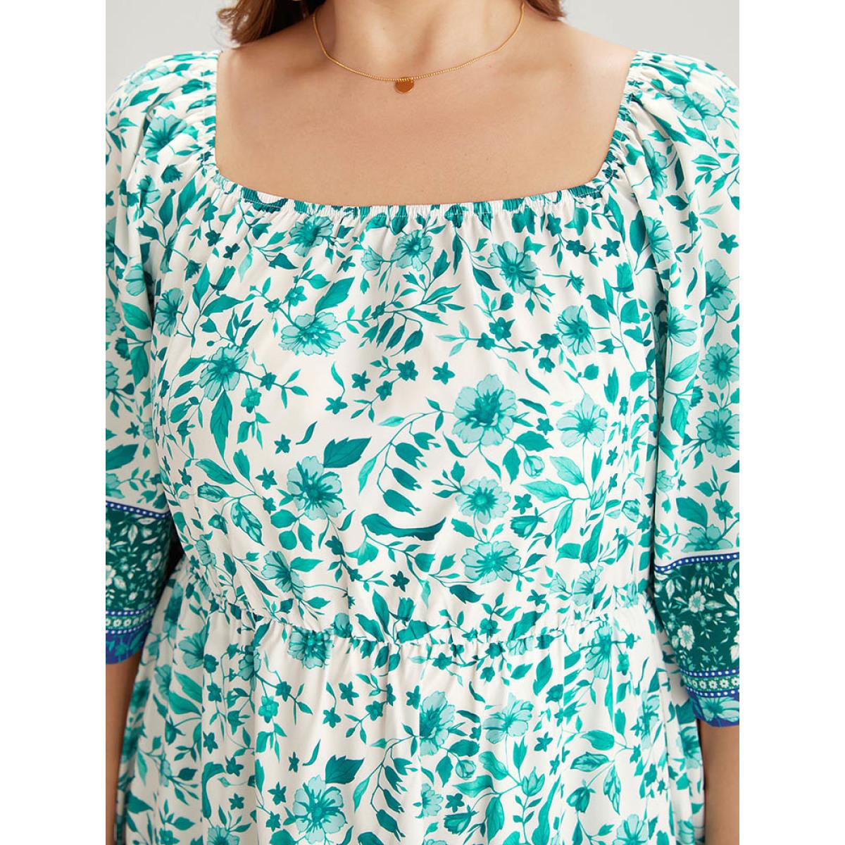 Plus Size Floral Print Patchwork Square Neck Raglan Sleeve Dress Emerald Women Vacation Gathered Square Neck Half Sleeve Curvy Midi Dress BloomChic 30/6X Product Image
