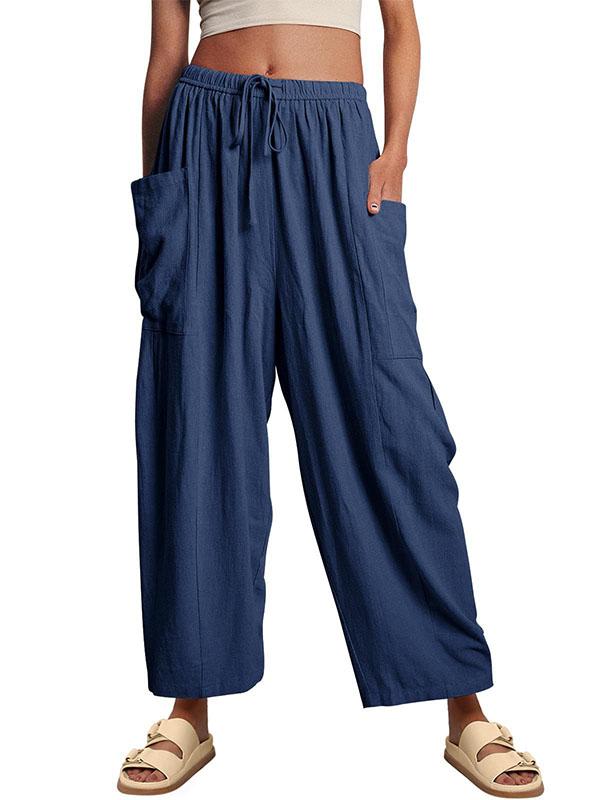 High Waisted Loose Drawstring Elasticity Pleated Pockets Solid Color Ninth Pants Trousers Product Image