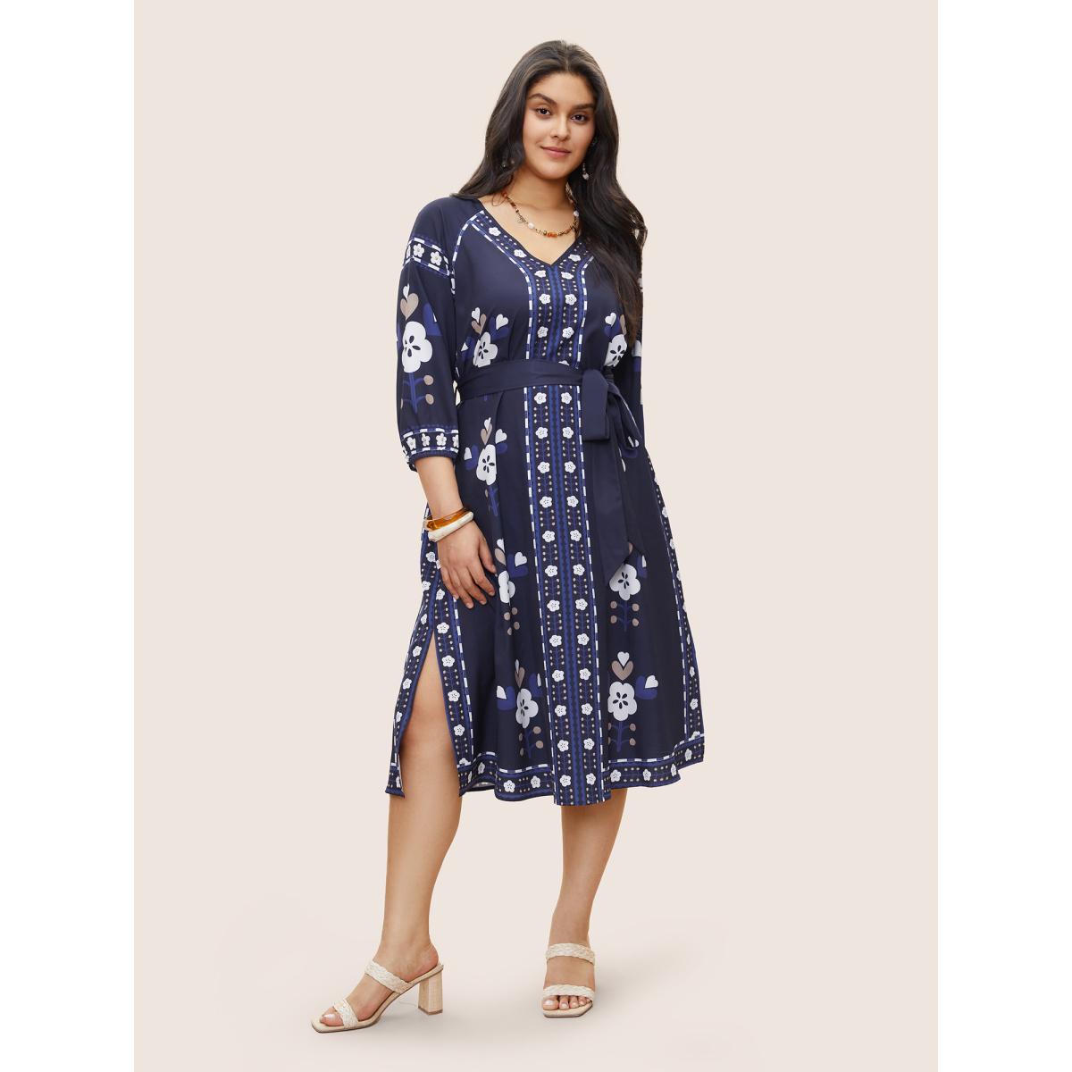 Plus Size Boho Print Belted Pocket Split Side Dress DarkBlue Women Resort Belted V-neck Elbow-length sleeve Curvy Midi Dress BloomChic 10/M Product Image