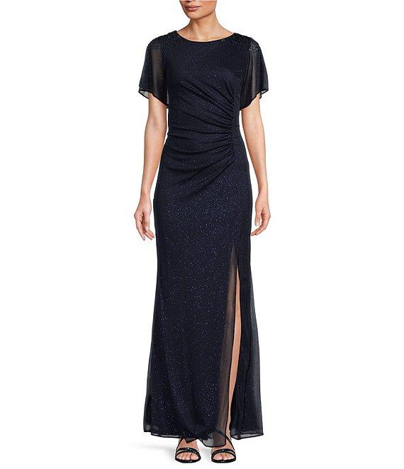 Ignite Evenings Short Sleeve Round Neck Front Slit Glitter Jersey Dress Product Image
