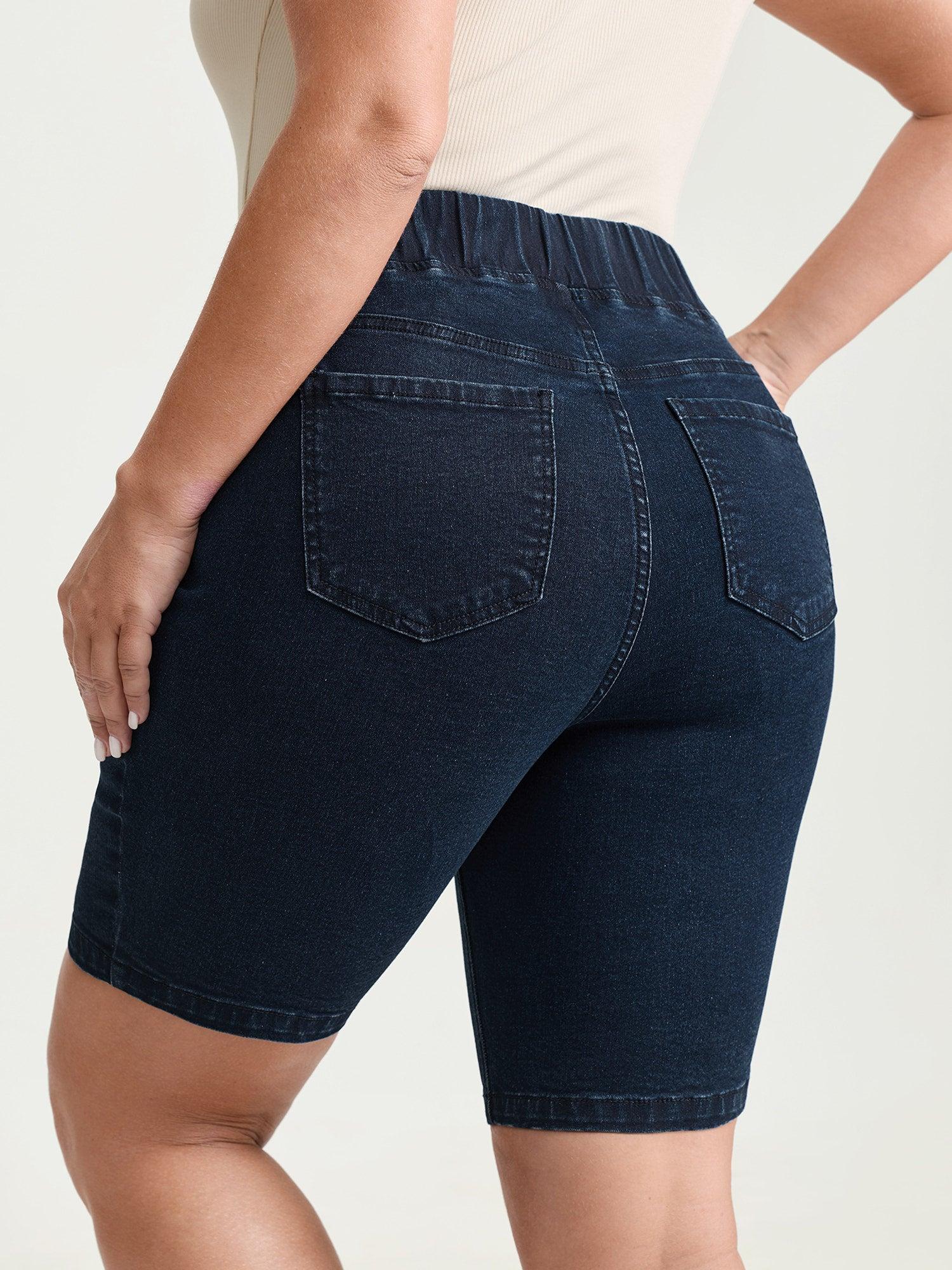 Elastic Back Waistband Skinny-Fit Denim Shorts Female Product Image