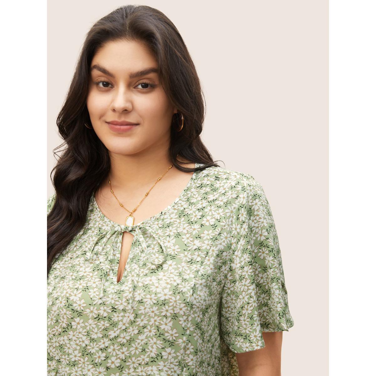Plus Size Sage Ditsy Floral Ruffle Sleeve Gathered Ties Blouse Women Elegant Short sleeve Ribbon-tied collar Everyday Blouses BloomChic 28/5X Product Image