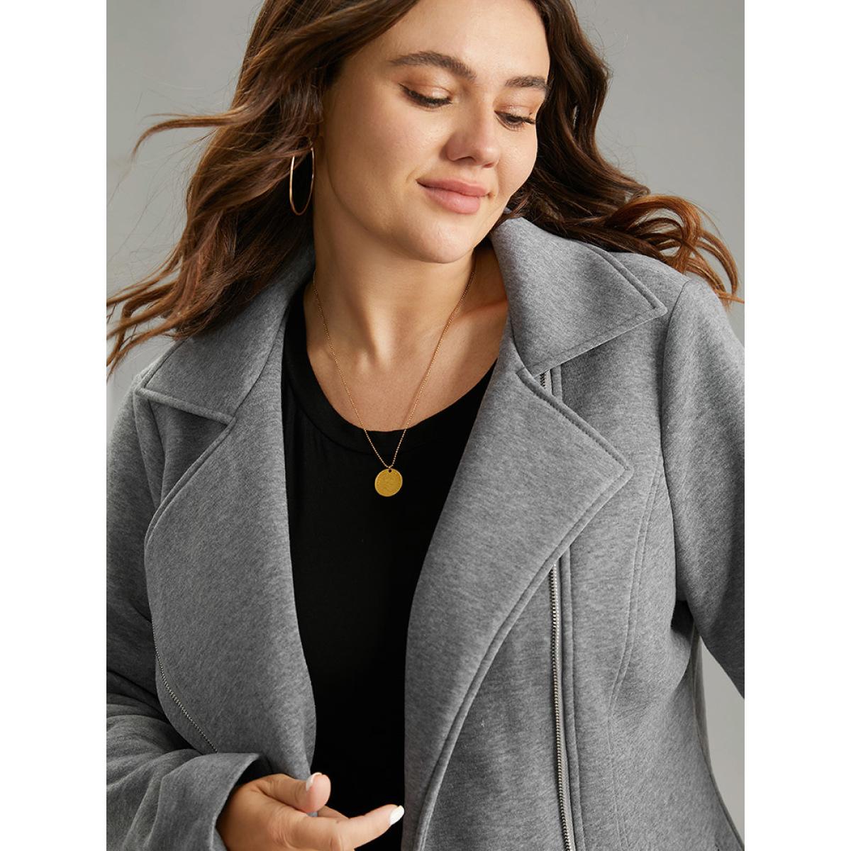 Plus Size Solid Zipper Asymmetrical Pocket Lapel Collar Coat Women Gray Casual Lined Ladies Dailywear Winter Coats BloomChic 14-16/1X Product Image