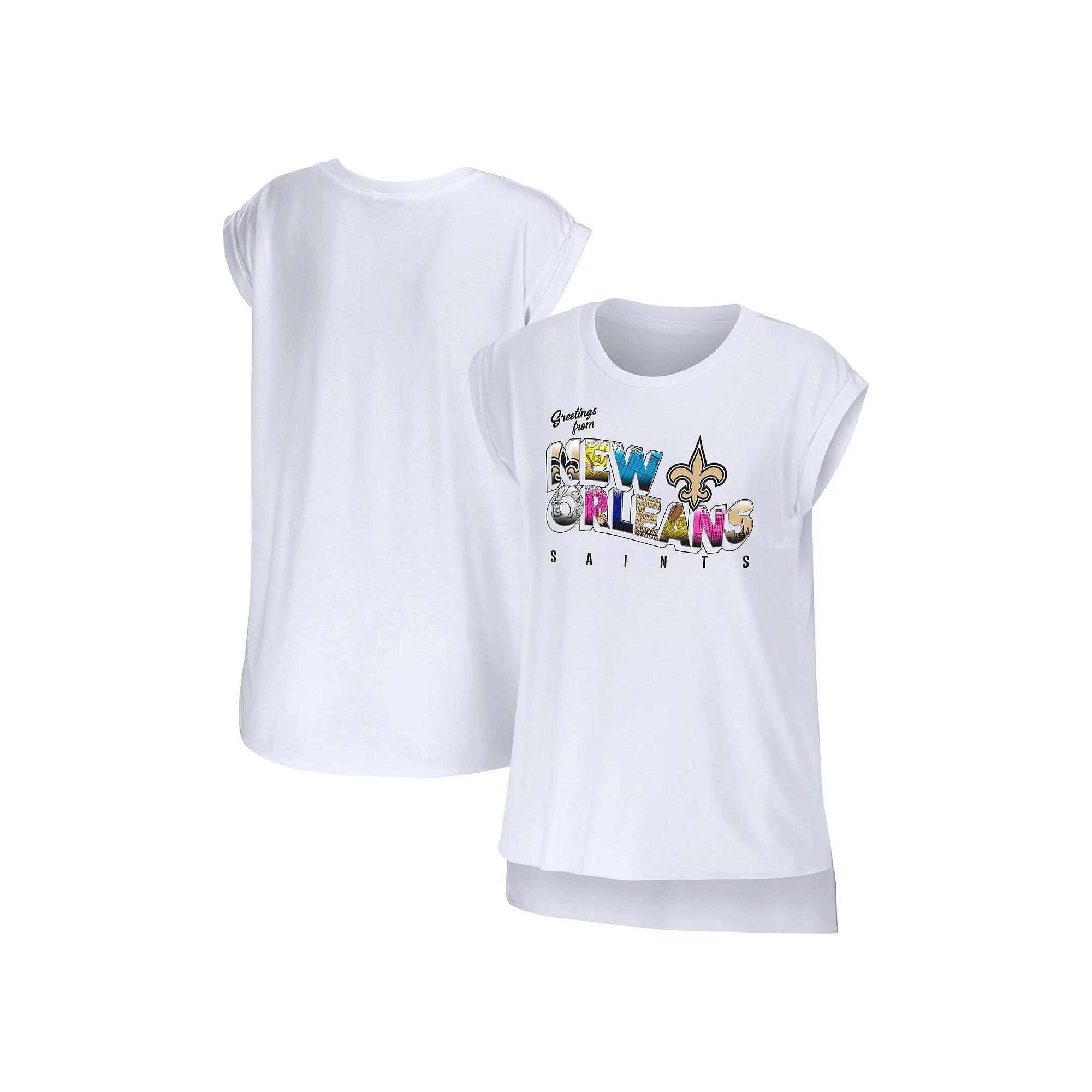 Women's WEAR by Erin Andrews White New Orleans Saints Greetings From Muscle T-Shirt,  Product Image