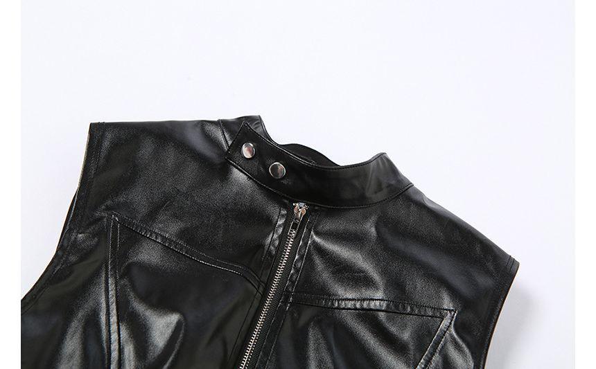 Stand Collar Plain Faux Leather Zip Vest Product Image