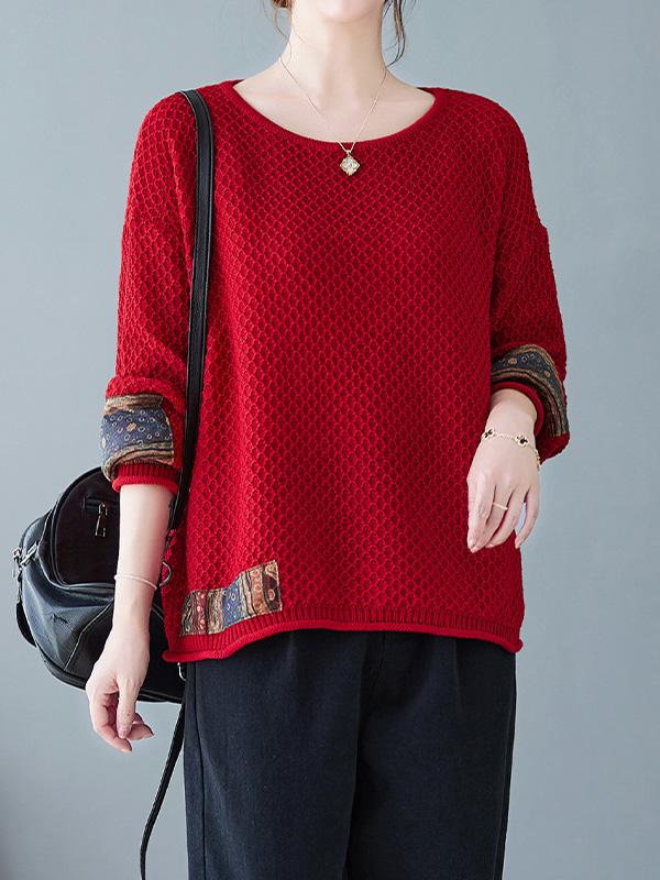 Long Sleeves Loose Printed Split-Joint Round-Neck Pullovers Sweater Tops Product Image