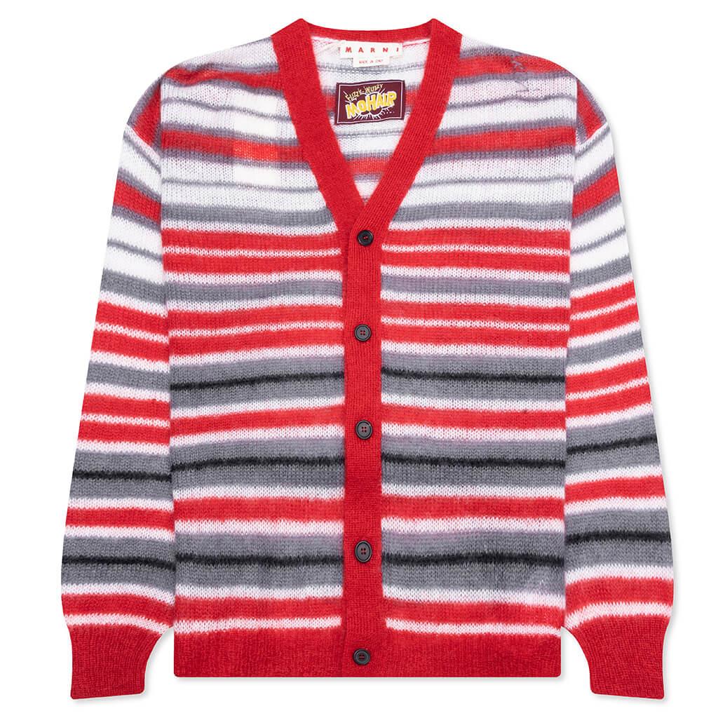 Logo-Embroidered Striped Mohair-Blend Cardigan - Red/Grey Male Product Image