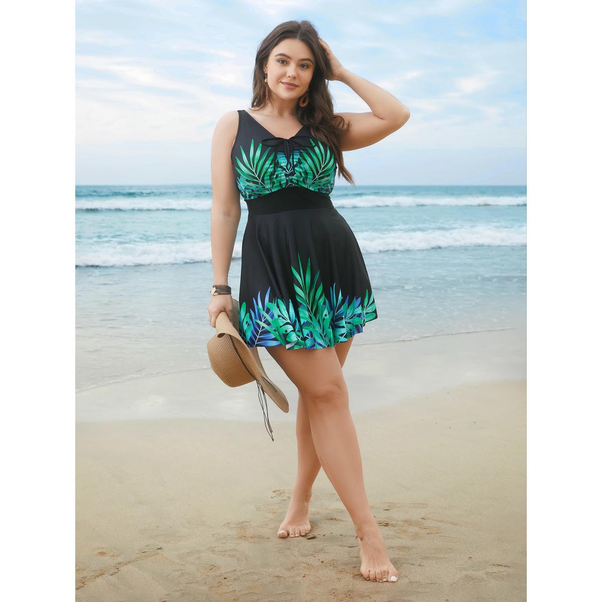 Plus Size Tropical Print Adjusable Drawstring One-Piece Swimsuit Women's Swimwear Black Beach Bodycon U-neck High stretch Curve Swim Dresses BloomChic 12/L Product Image