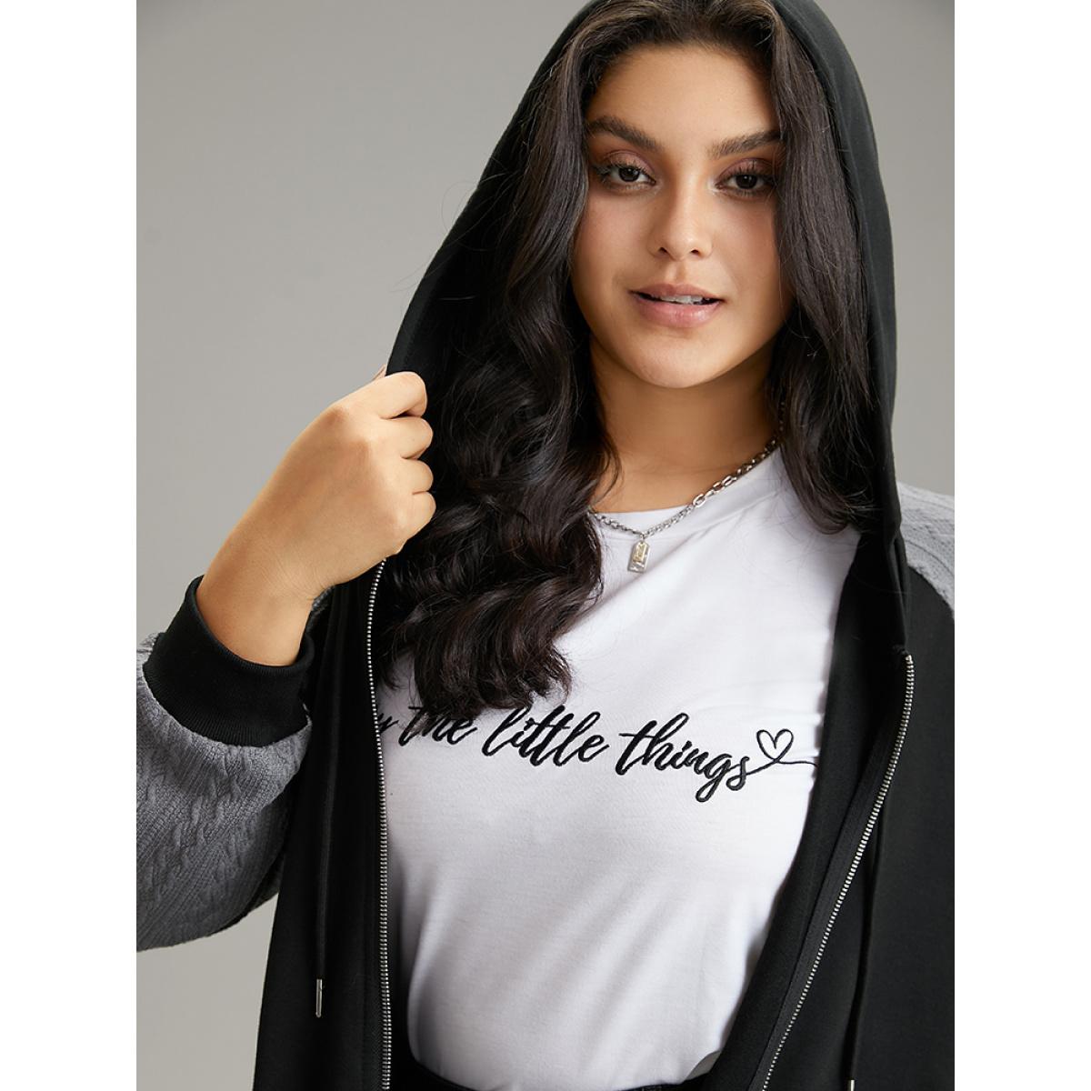 Plus Size Textured Contrast Zipper Hooded Drawstring Sweatshirt Women Black Casual Rib Knit Hooded Dailywear Sweatshirts BloomChic 22-24/3X Product Image