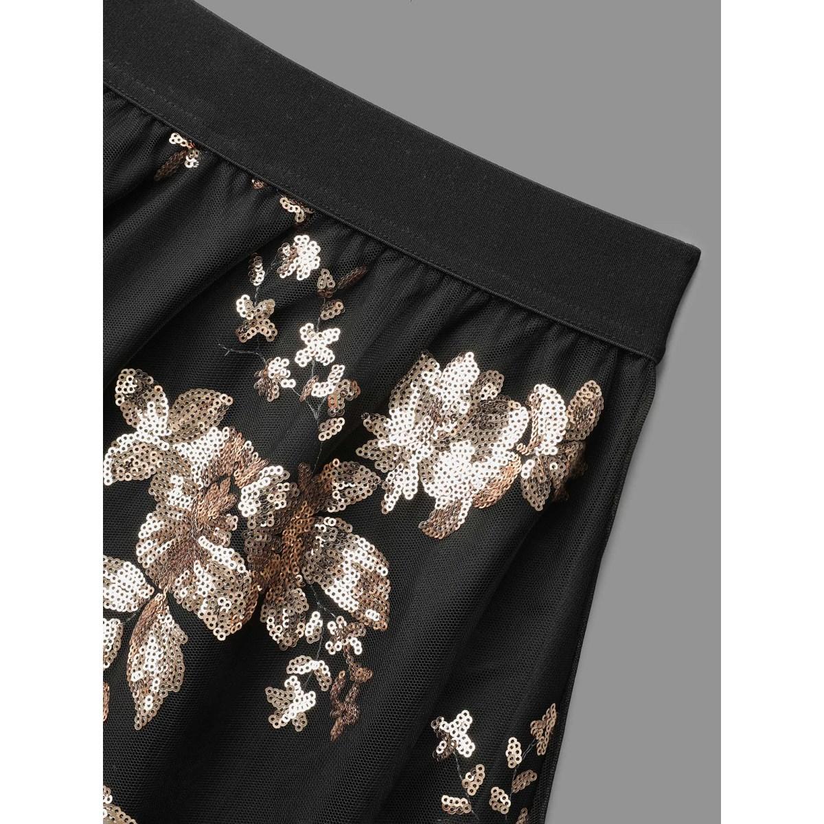 Plus Size Sequin Floral Stretchy Waist Skirt Women Black Cocktail No stretch Party Skirts BloomChic 26/4X Product Image