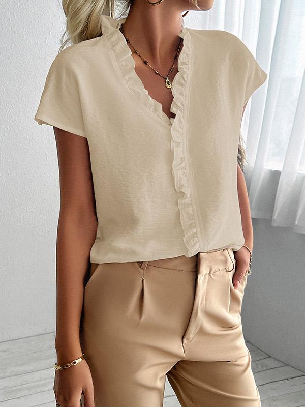 Loose Short Sleeves Ruffle Trim Solid Color V-Neck Blouses&Shirts Tops Product Image