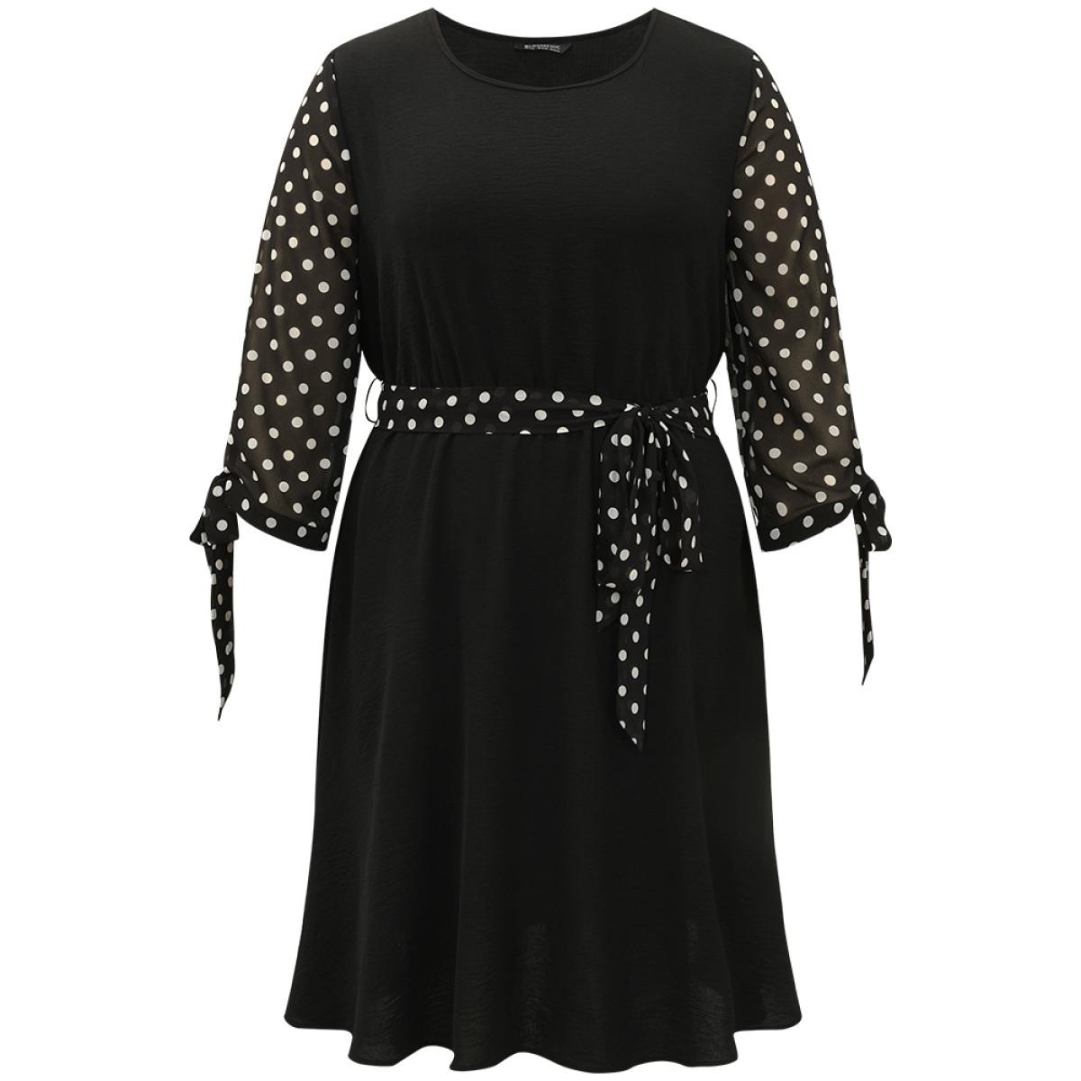 Plus Size Polka Dot Patchwork Mesh Belted Bowknot Dress Black Women Office See through Round Neck Long Sleeve Curvy Midi Dress BloomChic 26/4X Product Image