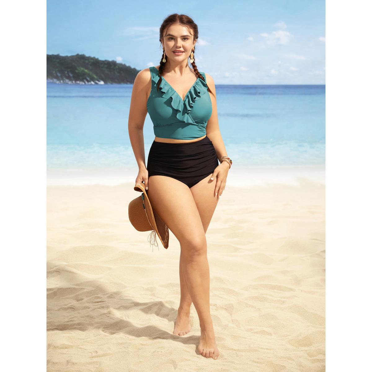 Plus Size Solid Ruffle Surplice Neck Trim Swim Top Women's Swimwear Teal Beach Ruffles High stretch Skinny Overlap Collar Curve Swim Tops BloomChic 22-24/3X Product Image