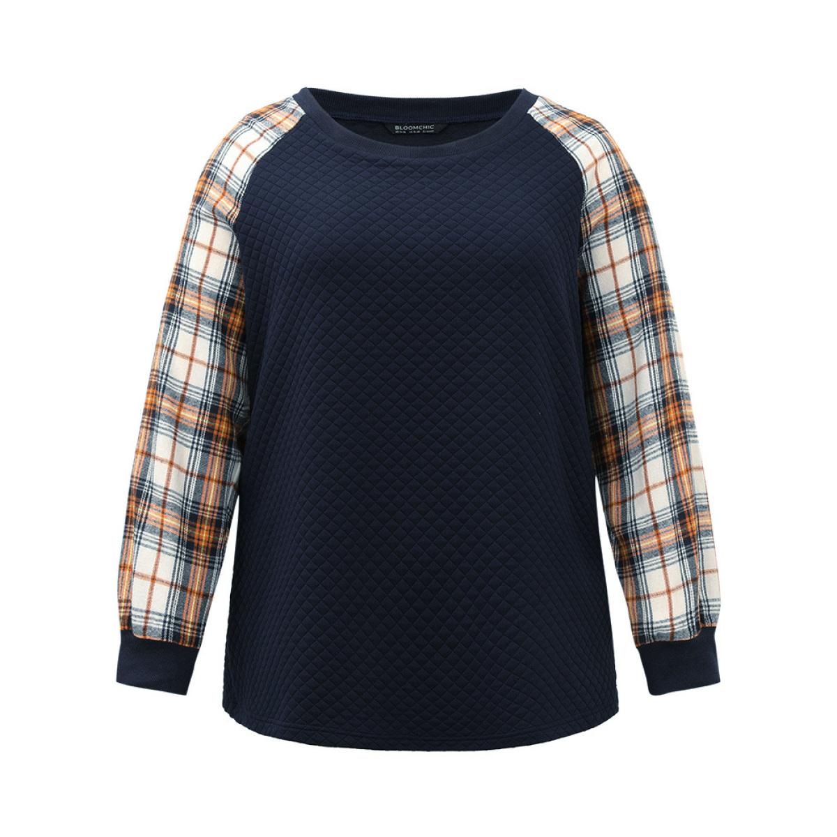 Plus Size Rib Knit Plaid Patchwork Raglan Sleeve Sweatshirt Women DarkBlue Casual Elastic cuffs Round Neck Festival-Christmas Sweatshirts BloomChic 22-24/3X Product Image