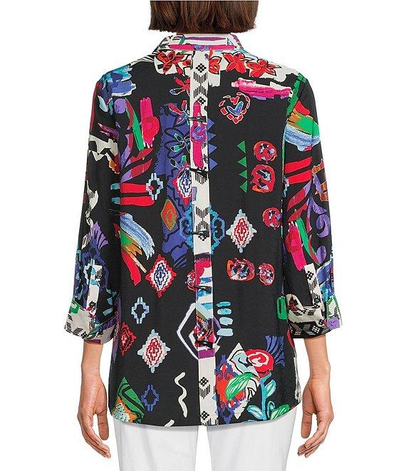 Ali Miles Abstract Printed Woven Wire Collar 3/4 Sleeve Button Front Tunic Product Image