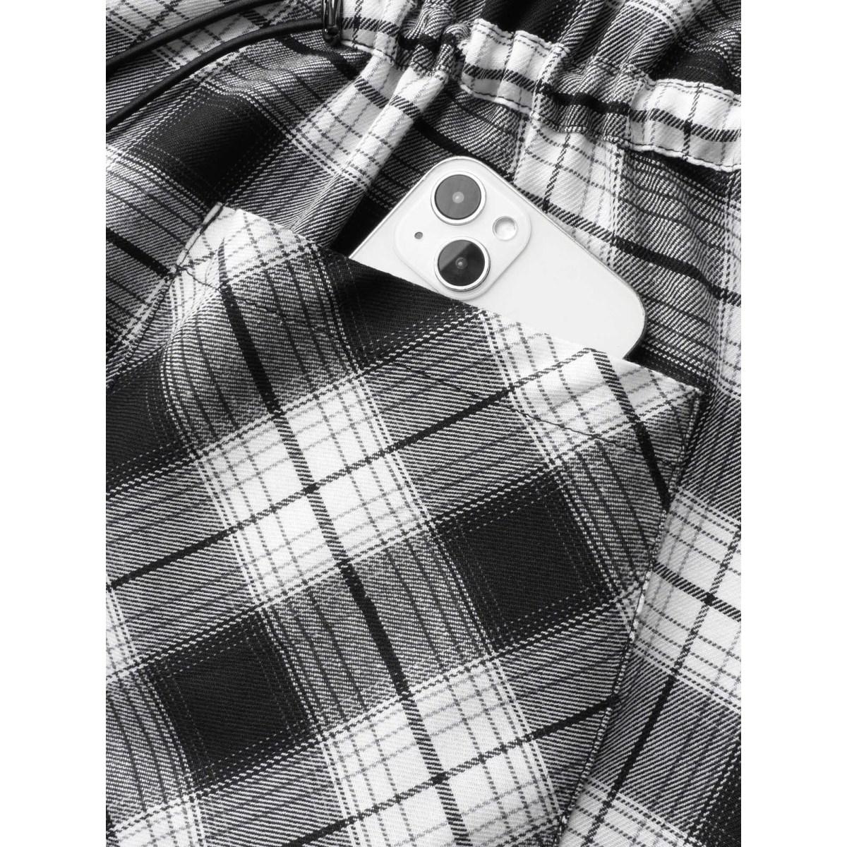 Plus Size Plaid Drawstring Patched Pocket Coat Women Black Elegant Drawstring Ladies Everyday Winter Coats BloomChic 12/L Product Image