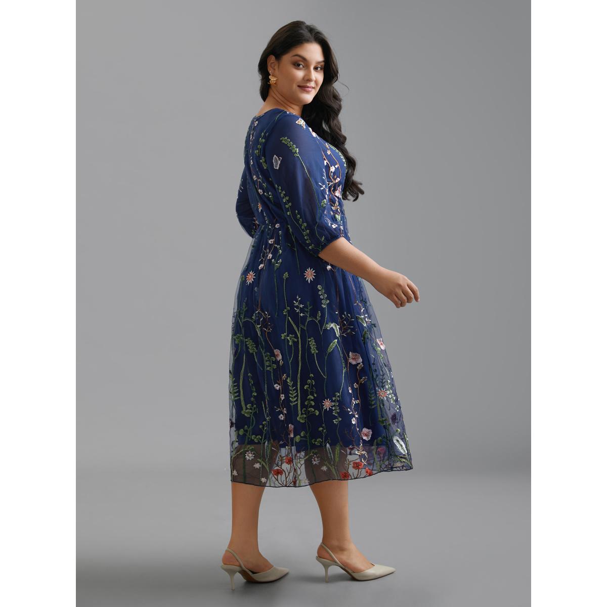 Plus Size Floral Embroidered Elastic Waist Lined Midi Dress Navy Women Formal Texture Party Curvy Bloomchic 28/5X Product Image