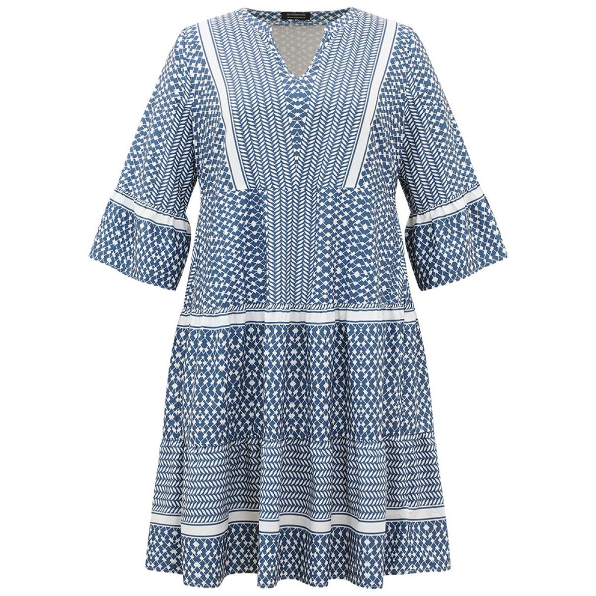 Plus Size Bandana Print Notched Pocket Patchwork Dress Stone Women Vacation Gathered Notched collar Elbow-length sleeve Curvy Midi Dress BloomChic 22-24/3X Product Image