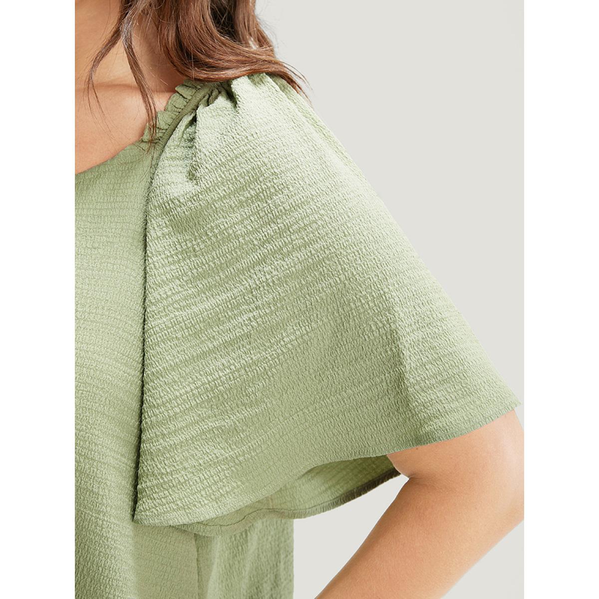 Plus Size Green Plain Notched High Low Hem Ruffle Sleeve Frill Trim Blouse Women Elegant Short sleeve V-neck Dailywear Blouses BloomChic 14-16/1X Product Image